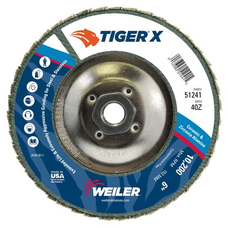Weiler 6" Tiger X Flap Disc, Angled (TY29), Phenolic Backing, 40Z, 5/8-11" 51241